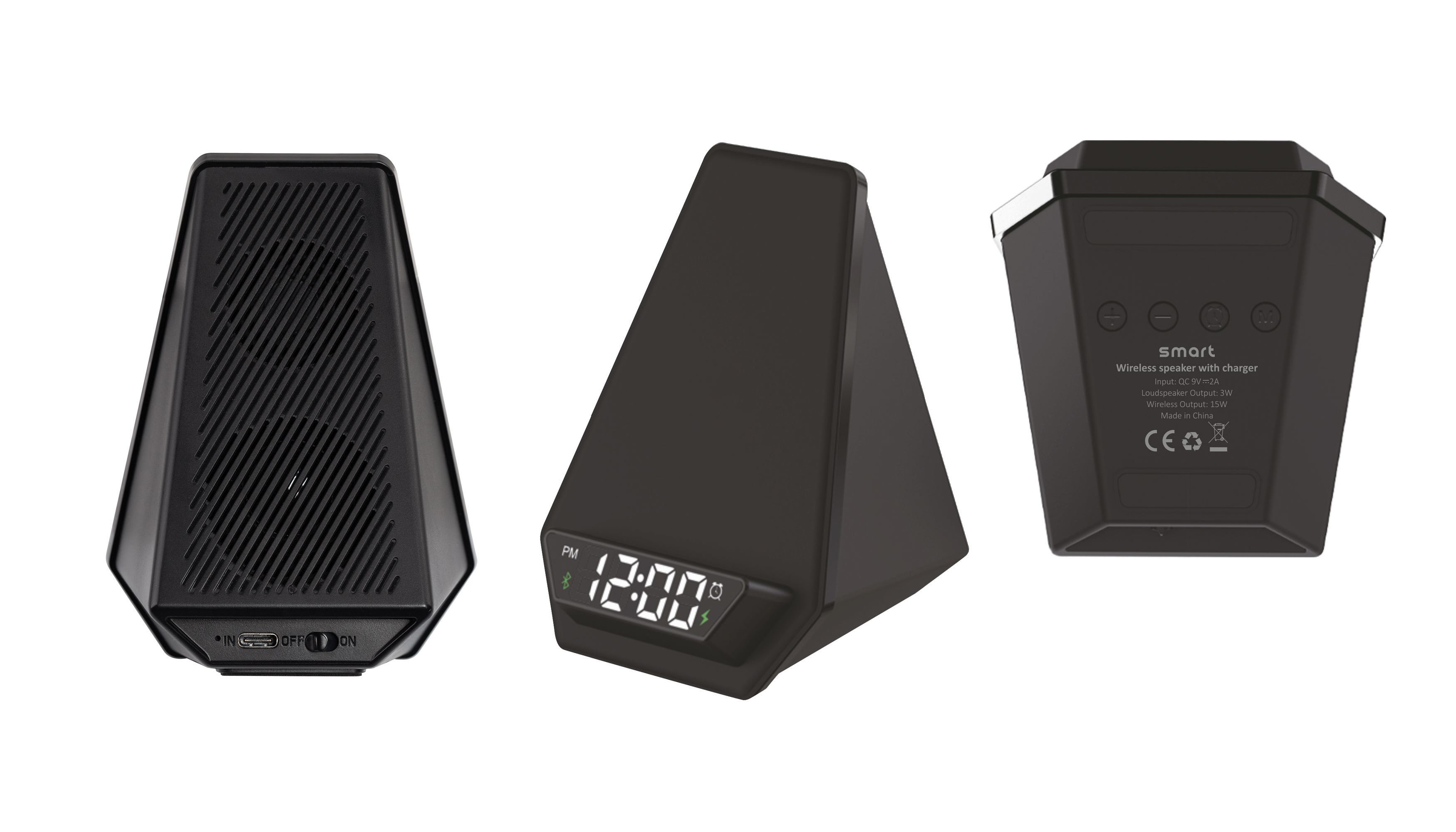 Настольная Bluetooth колонка (3Вт) "Smart Pyramid" с часами и беспроводным (15W) зарядным устройством, с подсветкой логотипа