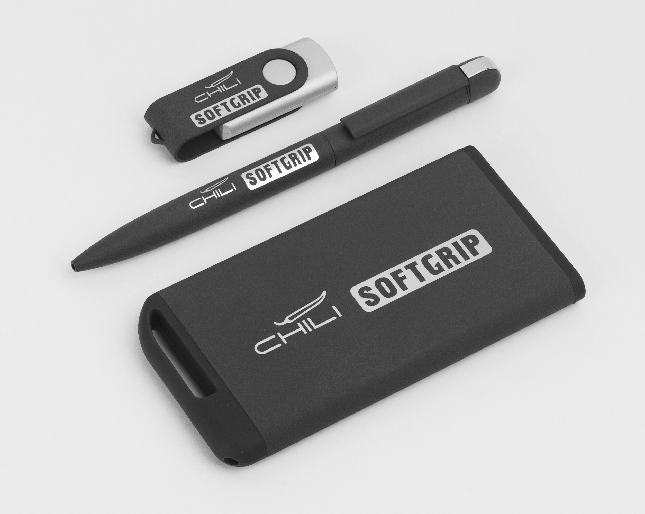 Набор ручка + флеш-карта 16Гб + зарядное устройство 4000 mAh в футляре, softgrip