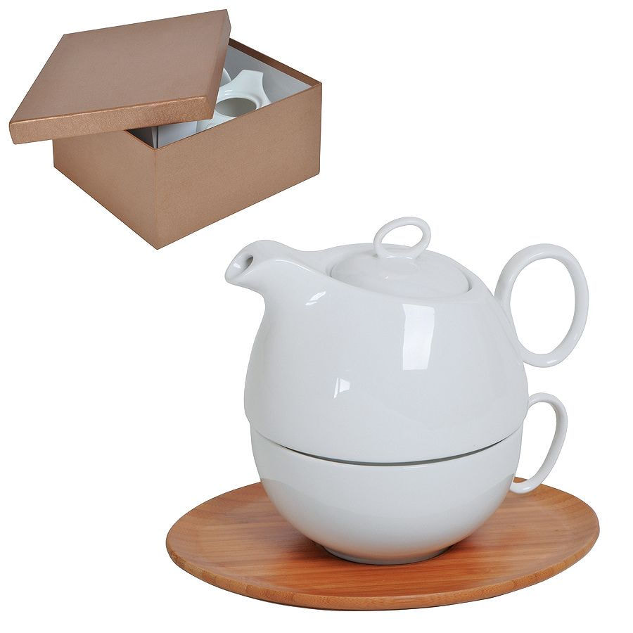 Набор "Мила": чайник и чайная пара в подарочной упаковке, 22х22х12см,500мл и 300мл, фарфор, бамбук